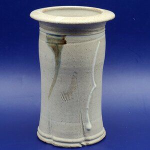 Signed Studio Pottery 5.75" Tall Vase 3.75" Diameter Tan with White Brown Blue